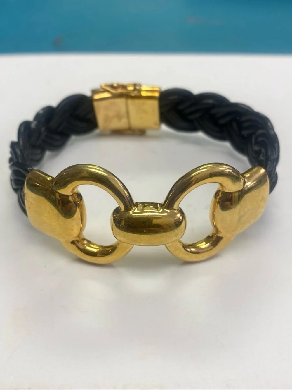 Bronze Milor Italy Gold-Tone Braided Black Leather Bracelet